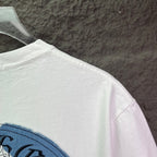 White short-sleeve T-shirt with plain fabric and curved back hem on hanger