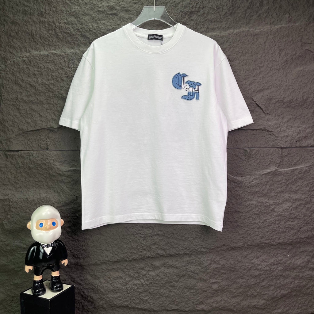 White short-sleeve T-shirt with small blue graphic logo on chest