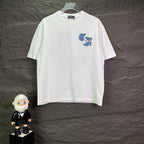 White short-sleeve T-shirt with small blue graphic logo on chest