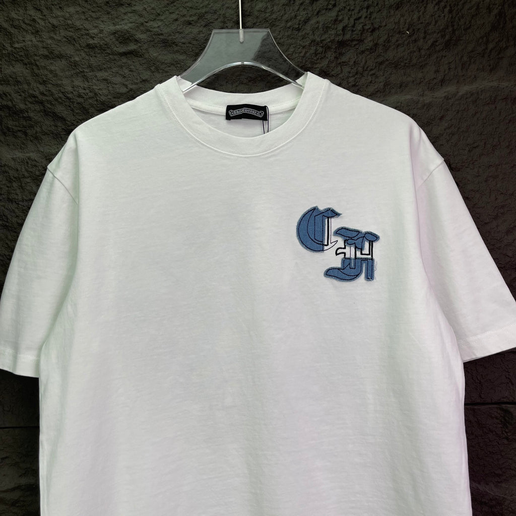 White short-sleeve T-shirt with blue logo patch on right chest