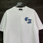White short-sleeve T-shirt with blue logo patch on right chest