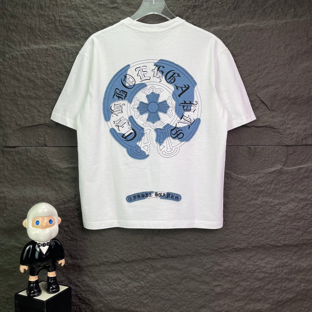 White short-sleeve T-shirt with large circular blue back graphic and small chest text
