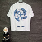 White short-sleeve T-shirt with large circular blue back graphic and small chest text