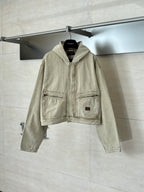 Beige hooded cropped jacket with front zipper and chest patch pockets