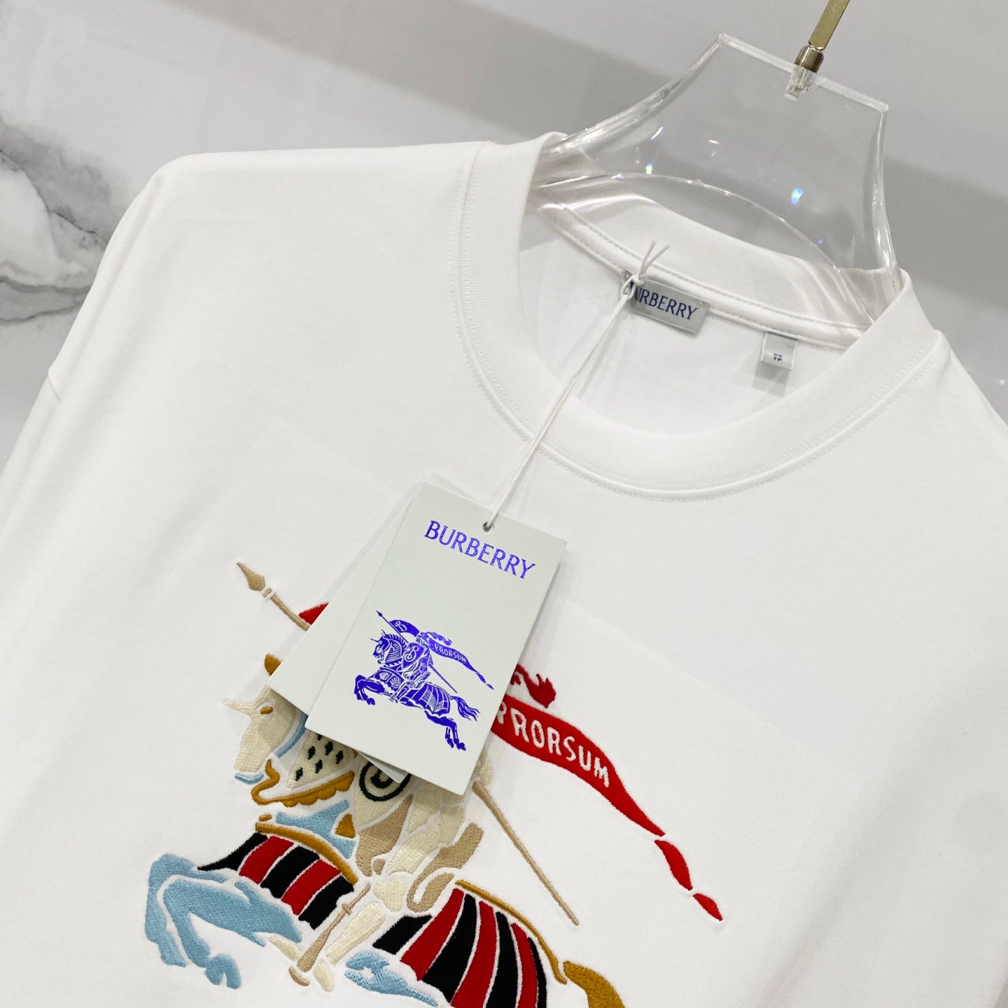 Burberry white crew-neck T-shirt with embroidered horse crest graphic