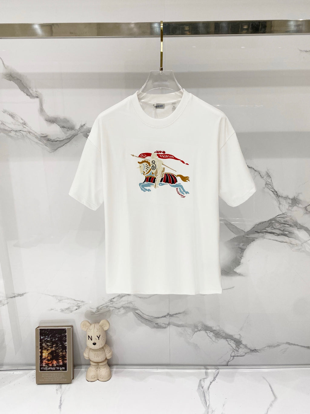 Burberry white crew-neck T-shirt with colorful horse logo on chest