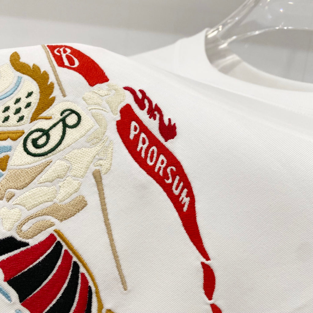 Burberry white crew-neck T-shirt with red text patch and horse embroidery detail