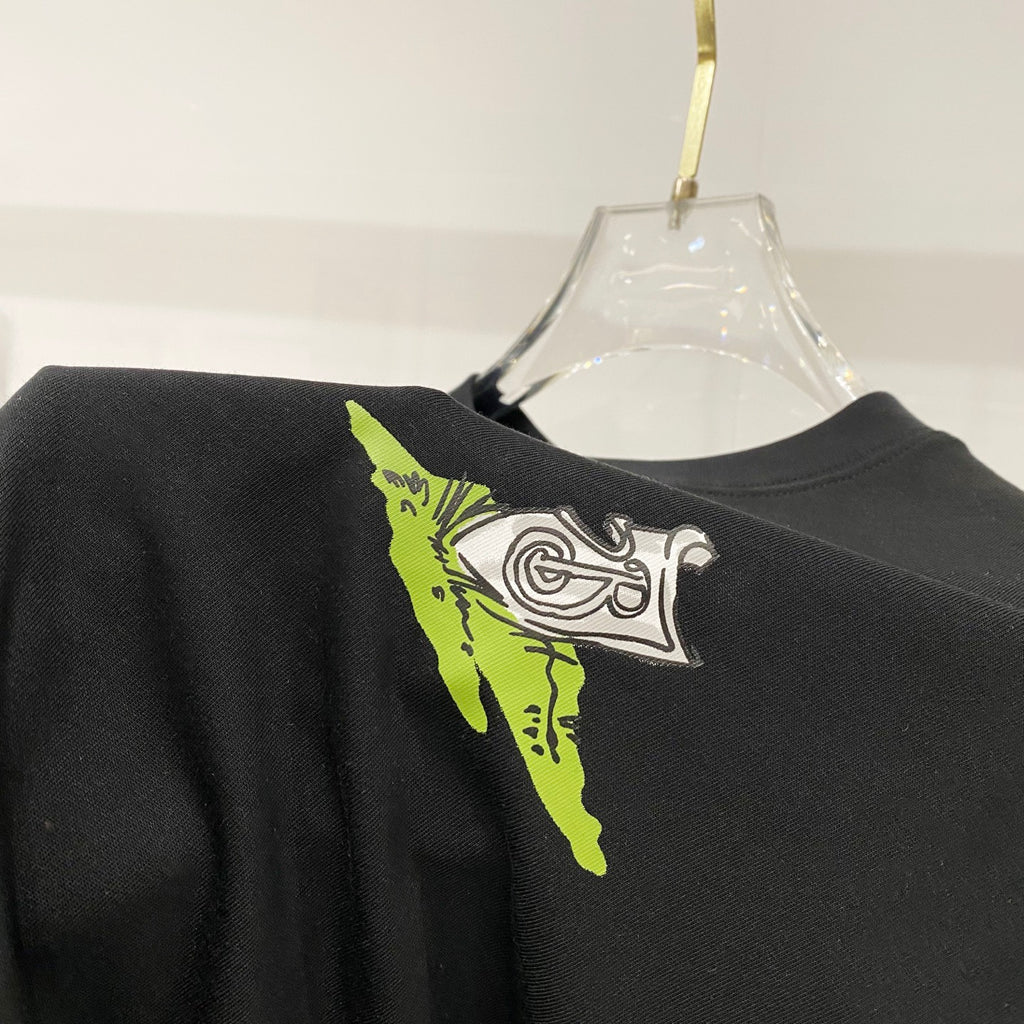 Black crewneck T-shirt with neon green and white logo-style print