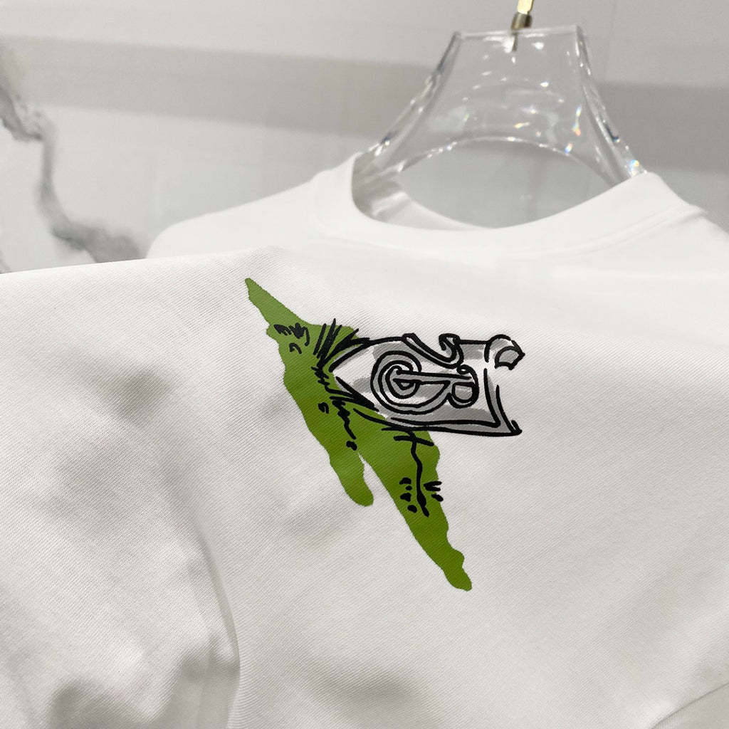 Burberry white T-shirt with green and black graphic print at chest