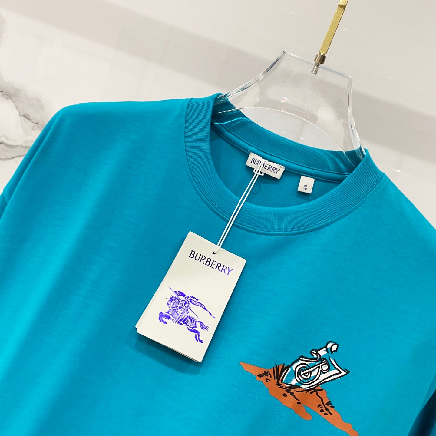 Turquoise T-shirt with small bird print and Burberry hang tag
