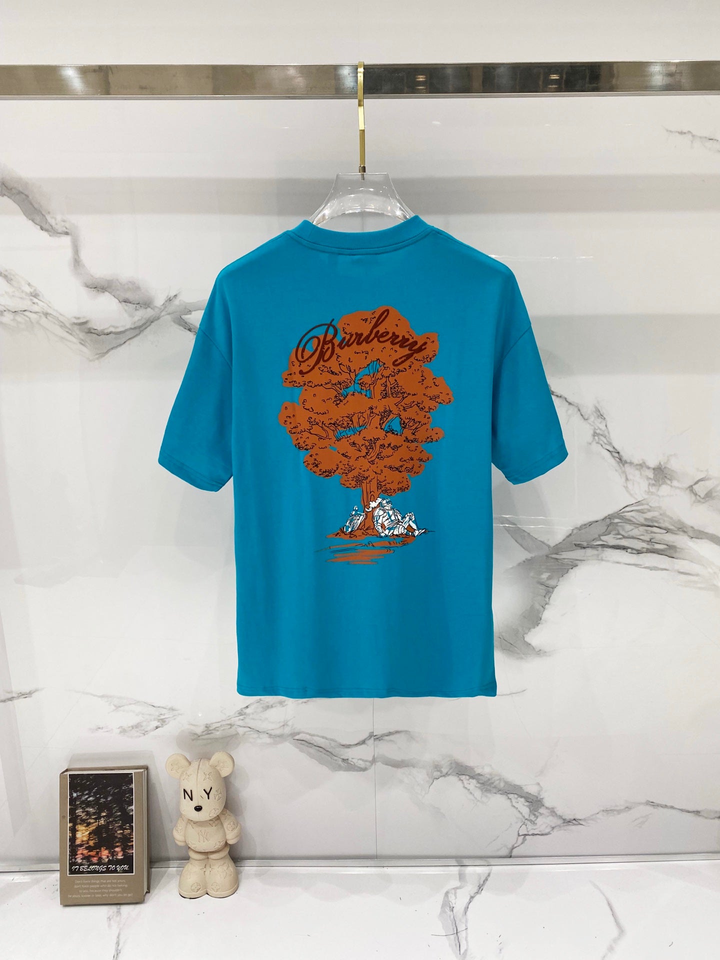 Turquoise short-sleeve T-shirt with large back Burberry wordmark and graphic