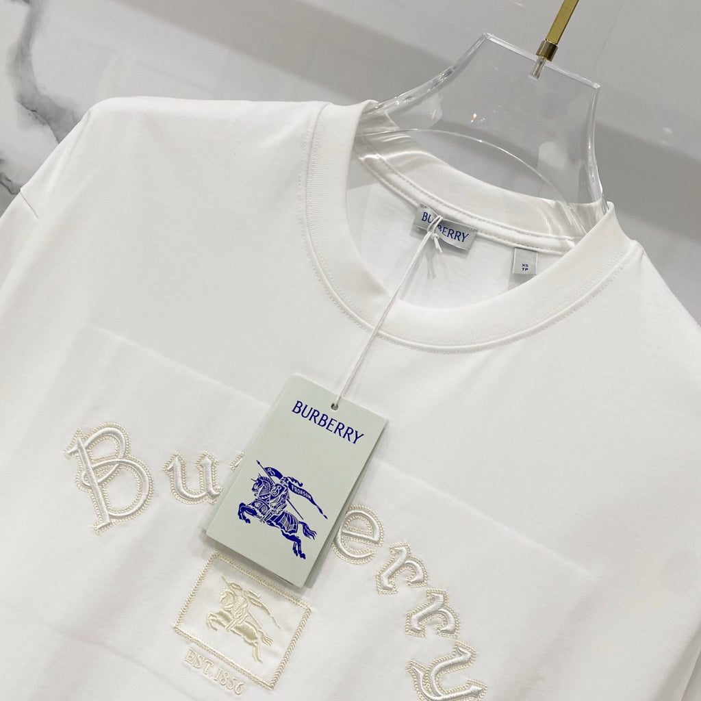 White T-shirt with Burberry crest applique and “Burberry” embroidered text