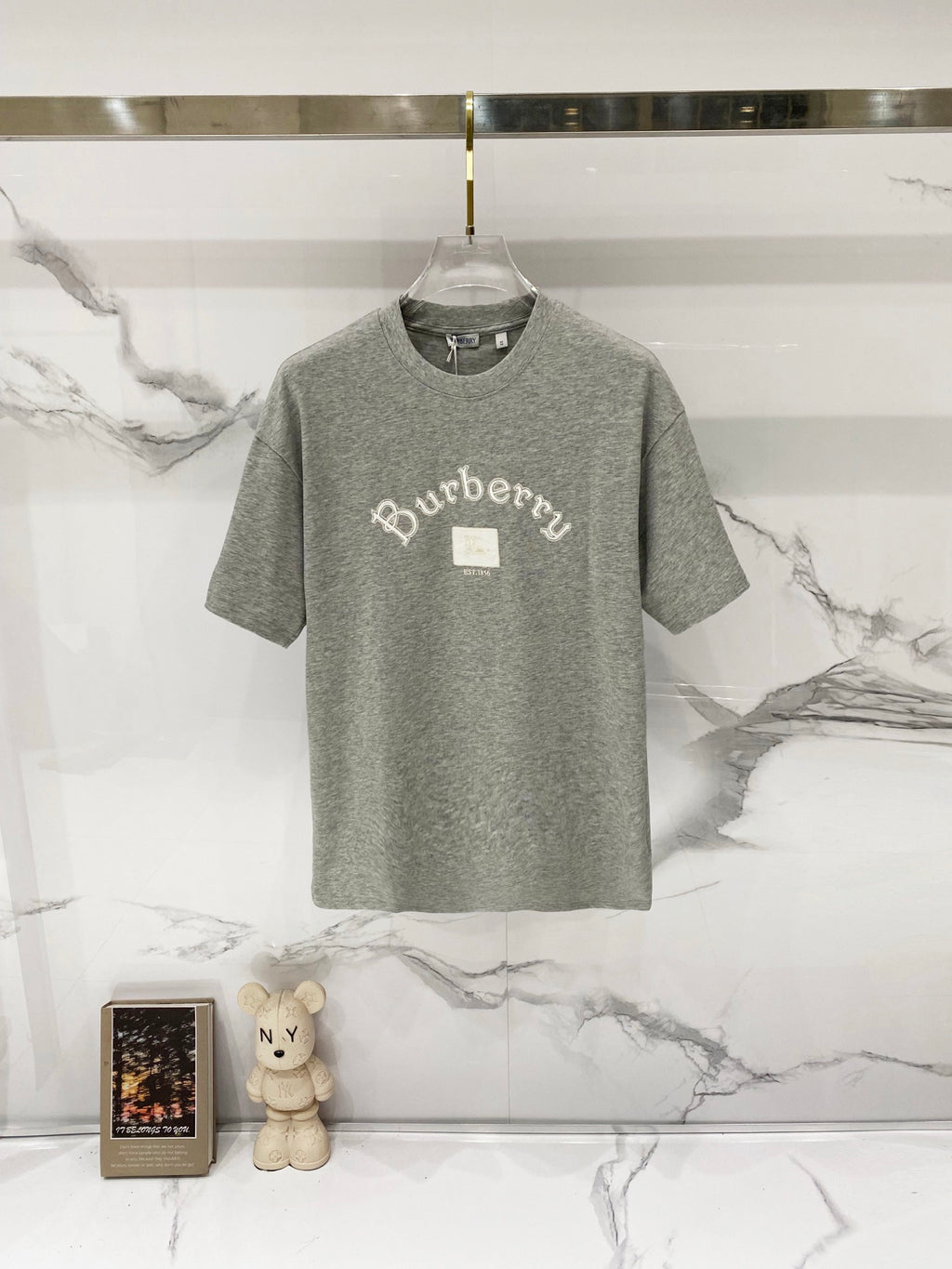 Grey short-sleeve T-shirt with Burberry logo print at the center front