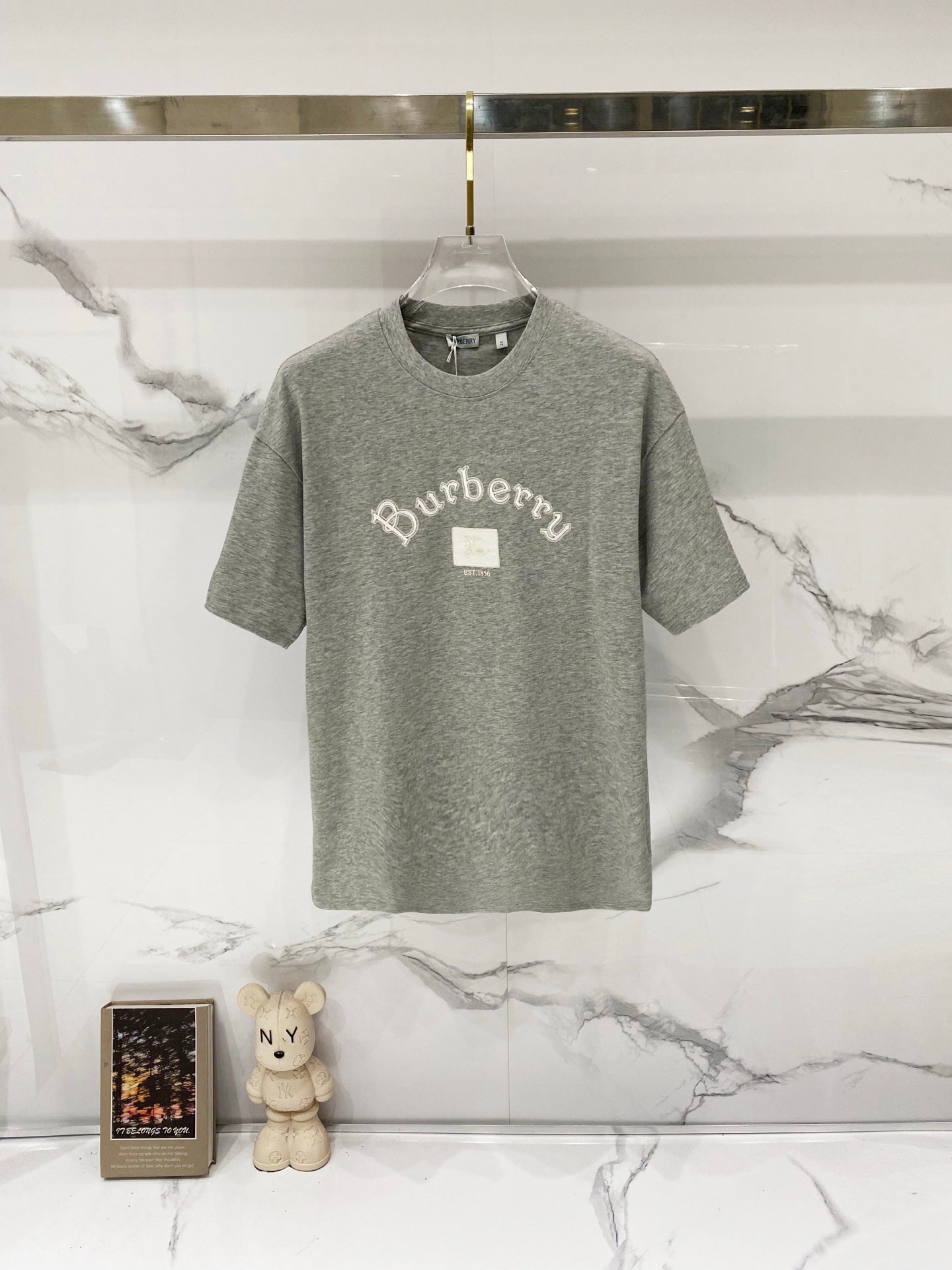 Grey short-sleeve T-shirt with Burberry logo print at the center front