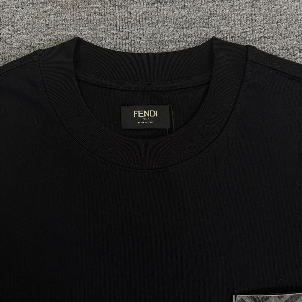 Fendi black crew-neck T-shirt with FENDI neck label at collar