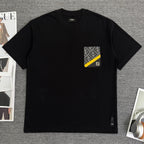 Fendi black short-sleeve T-shirt with FF logo patch and yellow diagonal detail
