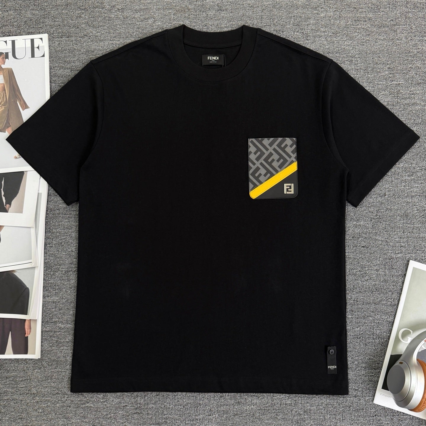 Fendi black short-sleeve T-shirt with FF logo patch and yellow diagonal detail