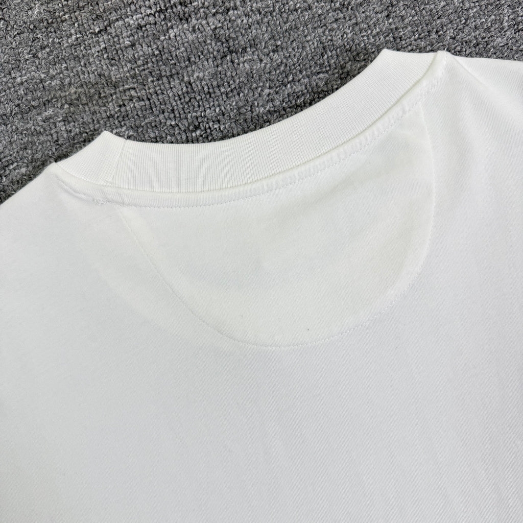White Fendi T-shirt closeup: back yoke and crew neckline.