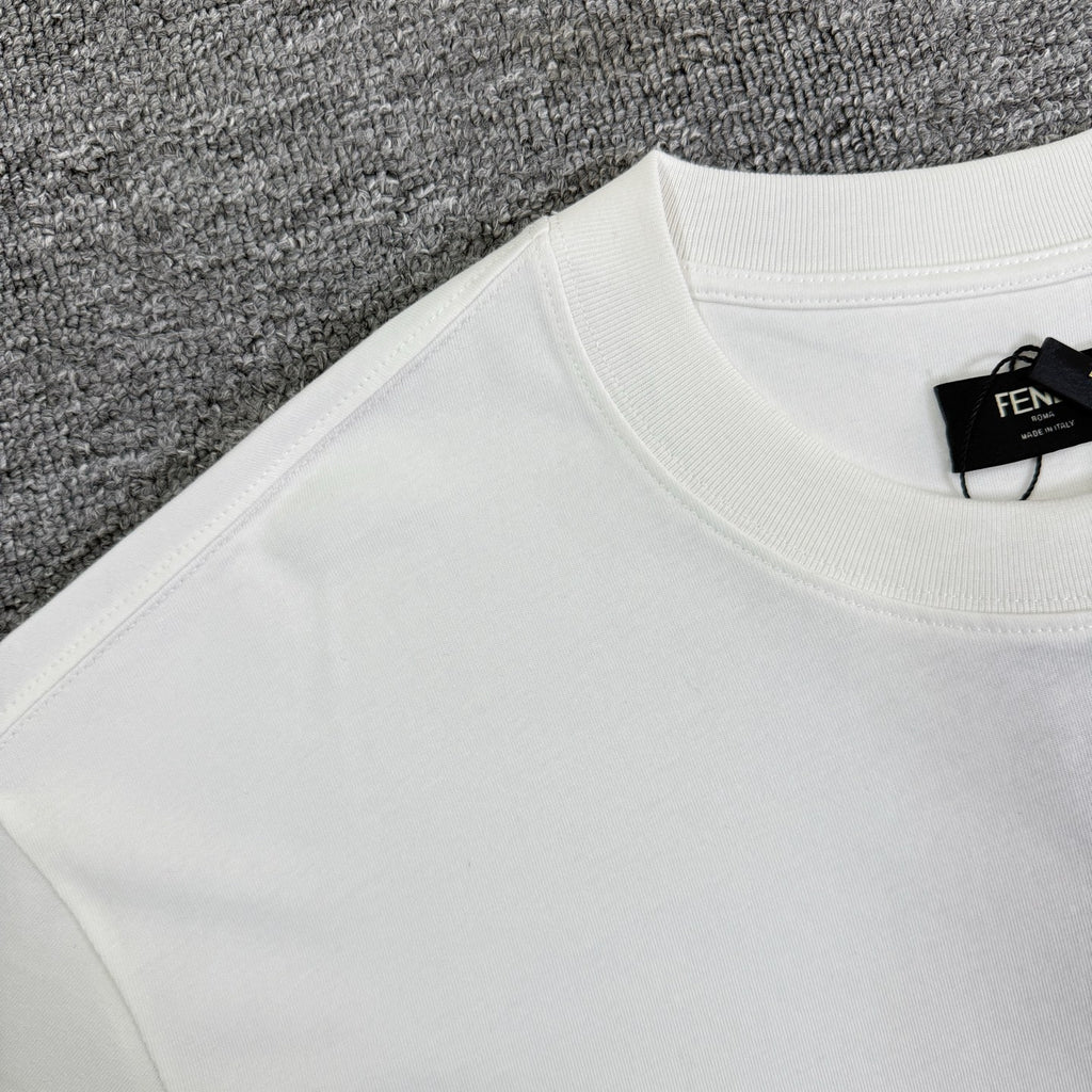 White Fendi T-shirt closeup on shoulder seams and crew neck.