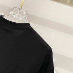 Black short-sleeve T-shirt close-up of upper chest and crew neck collar.