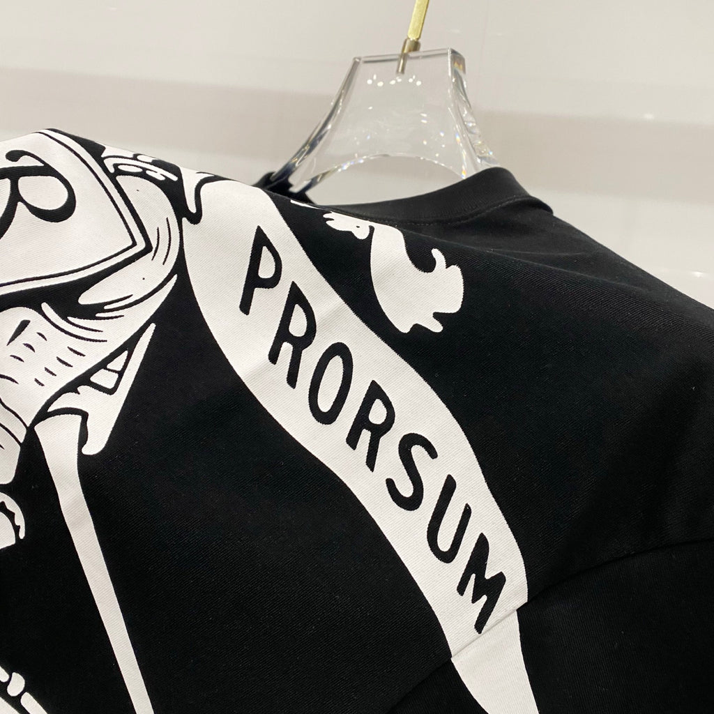 Black T-shirt with white diagonal 'PRORSUM' graphic print