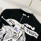 Black T-shirt with white horse-and-rider graphic and blue logo detail