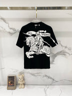 Black short-sleeve T-shirt with large white graphic print and crew neckline