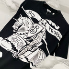 Black T-shirt with white horse-and-rider graphic panel and crew neckline