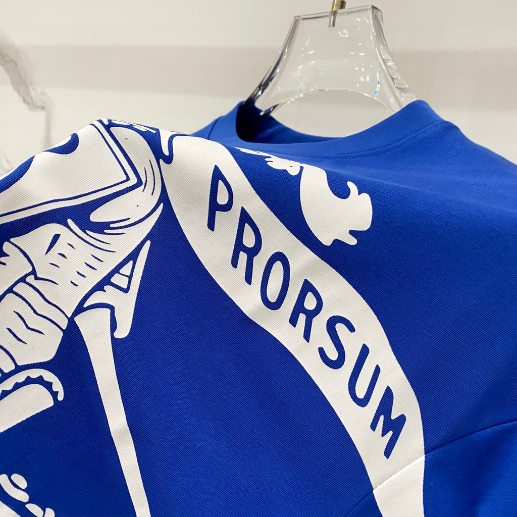 Blue short-sleeve T-shirt with white PRORSUM text across shoulder graphic