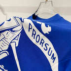 Blue short-sleeve T-shirt with white PRORSUM text across shoulder graphic