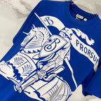 Blue short-sleeve T-shirt with ornate white animal and crest graphic print