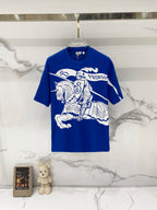 Blue short-sleeve T-shirt with large white logo graphic and crew neck