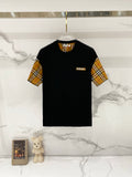 Black short-sleeve T-shirt with tan, red, and navy check sleeves