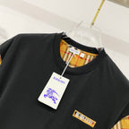 Black crewneck T-shirt with Burberry check trim and logo patch on chest