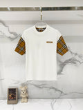 White short-sleeve T-shirt with Burberry plaid check sleeves and crew neck