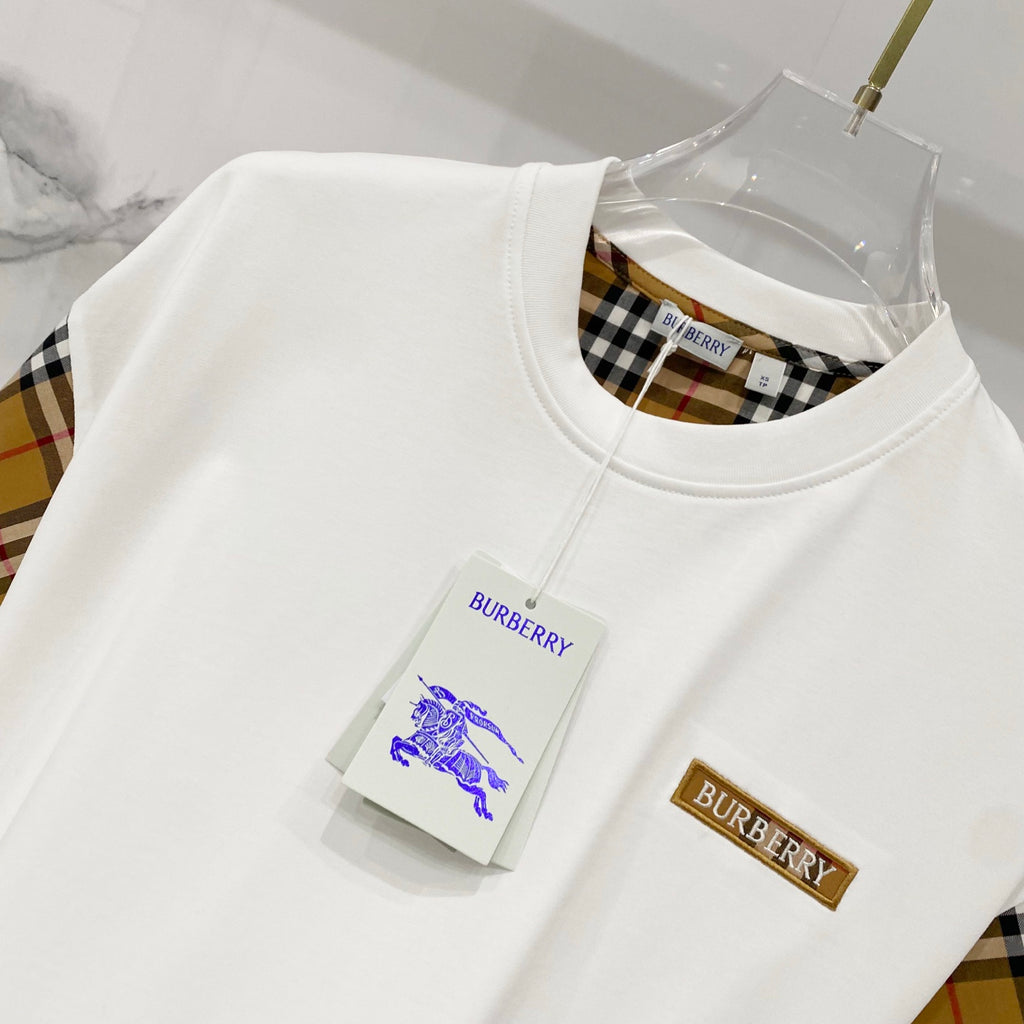 White T-shirt with Burberry plaid inner neckline and logo patch on chest