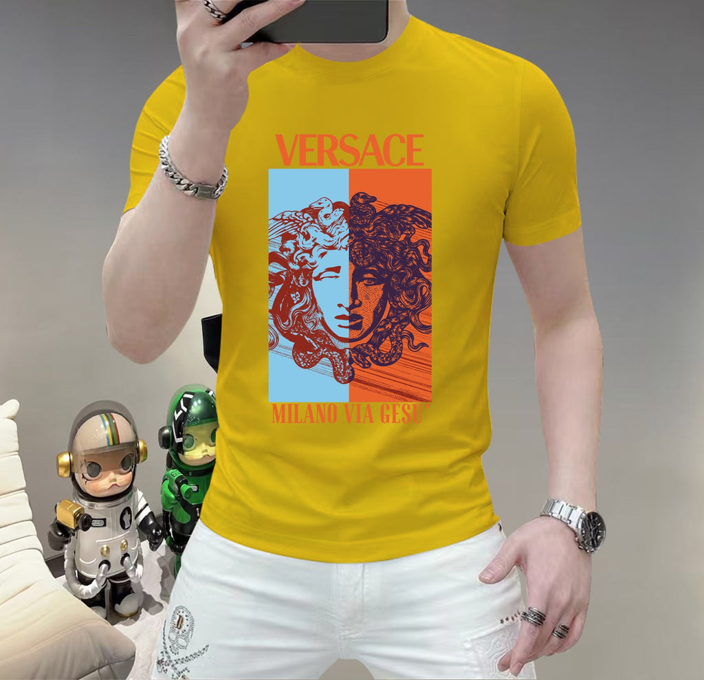 Men's Versace face graphic T-shirt, yellow, short sleeves