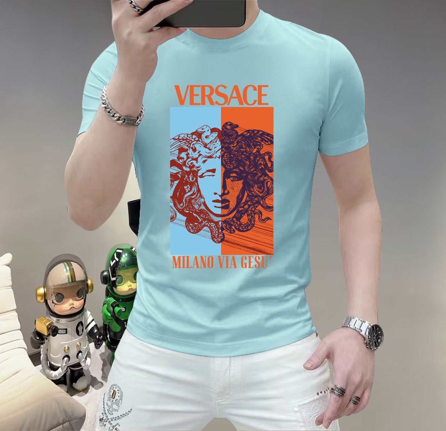 Men's Versace face graphic T-shirt, light blue, short sleeves