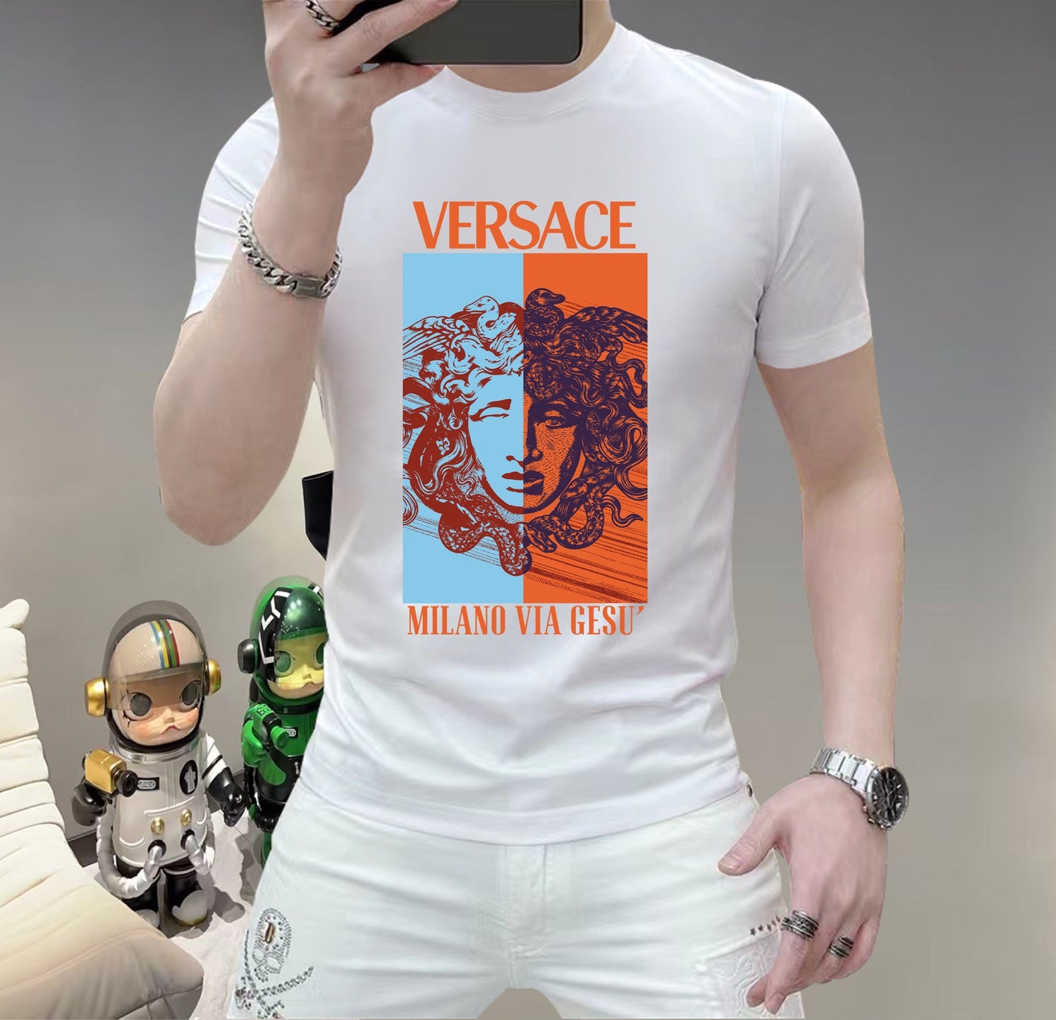 Men's Versace face graphic T-shirt, white, short sleeves