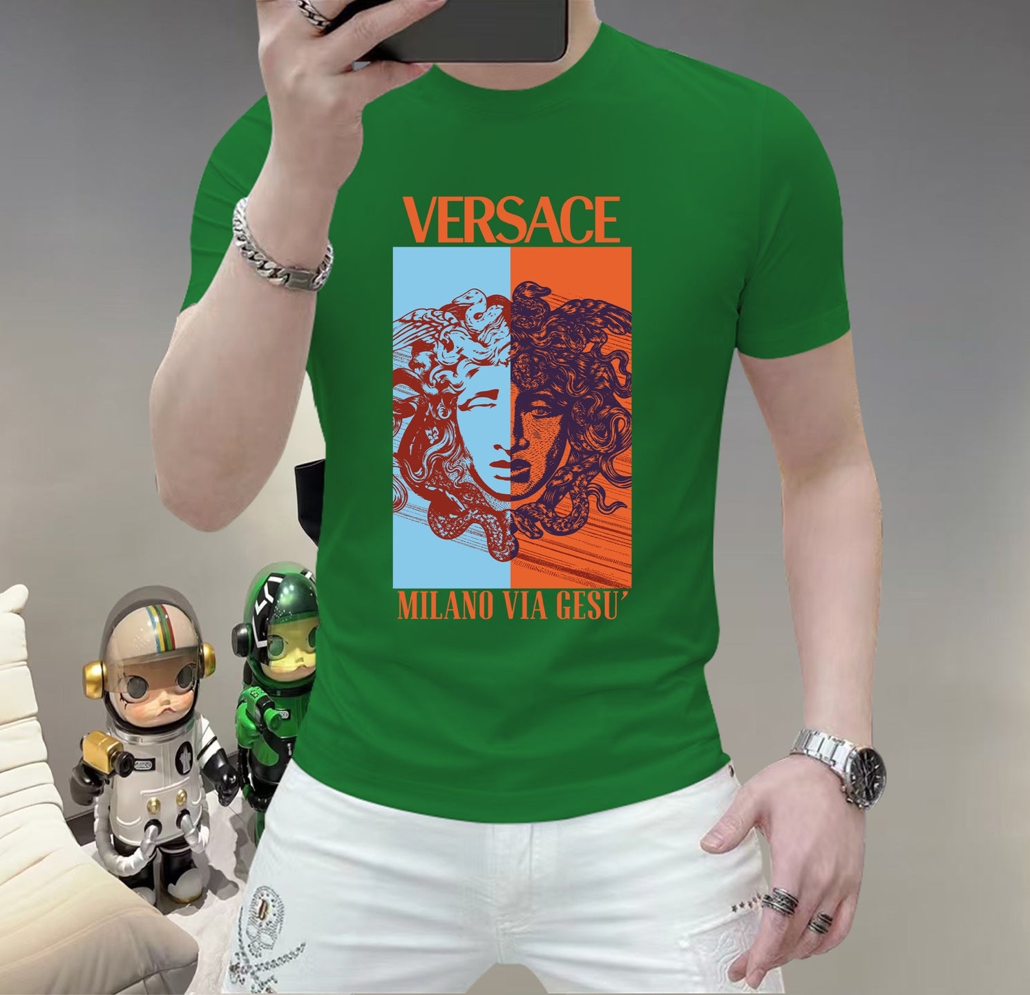Men's Versace face graphic T-shirt, green, short sleeves