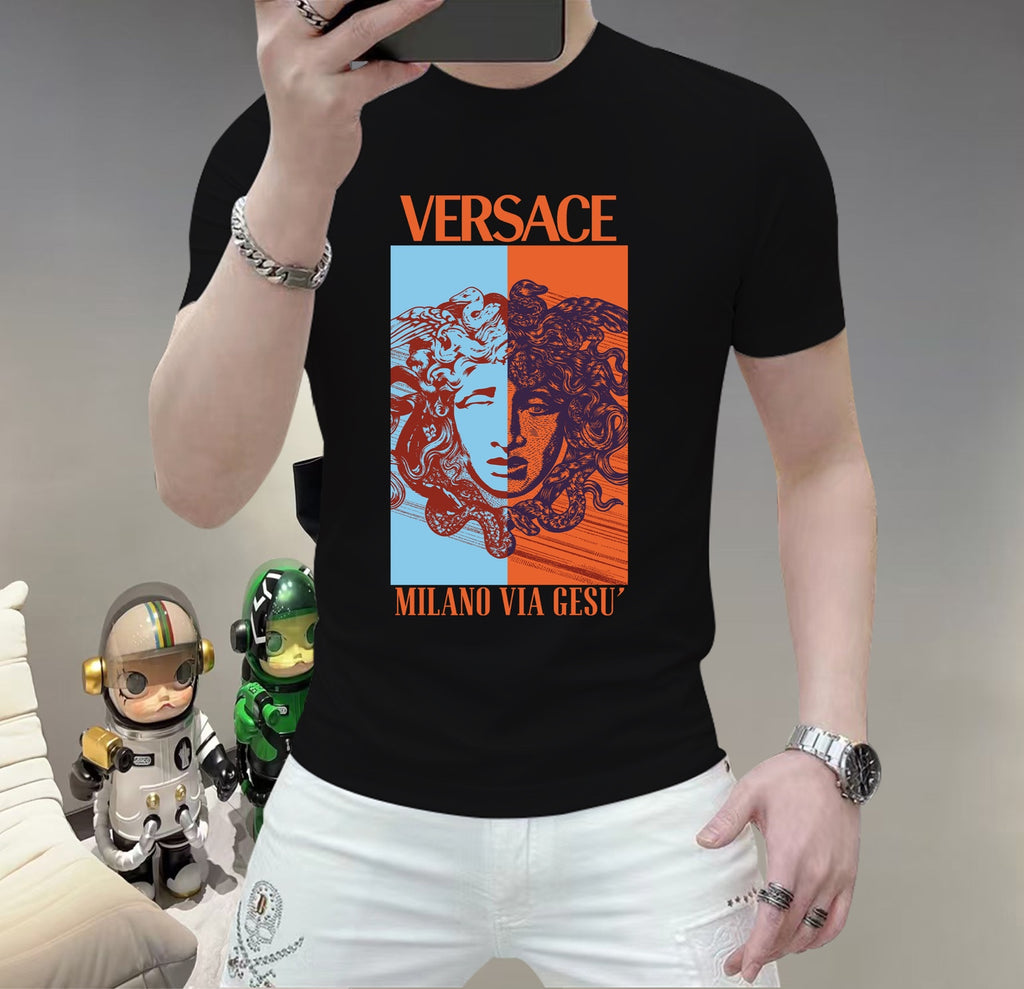 Men's Versace face graphic T-shirt, black, short sleeves