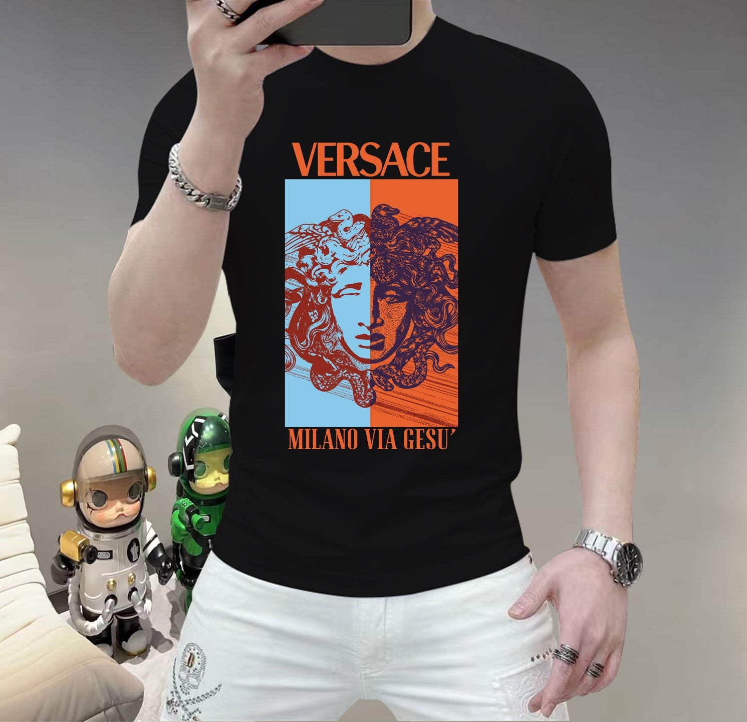 Men's Versace face graphic T-shirt, black, short sleeves