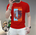 Red Versace crewneck T-shirt with front logo graphic, short sleeves