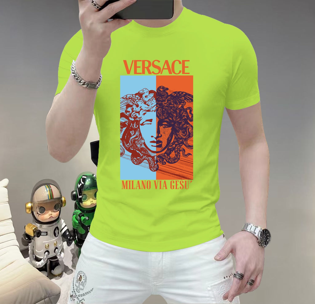 Men's Versace face graphic T-shirt, neon green, short sleeves