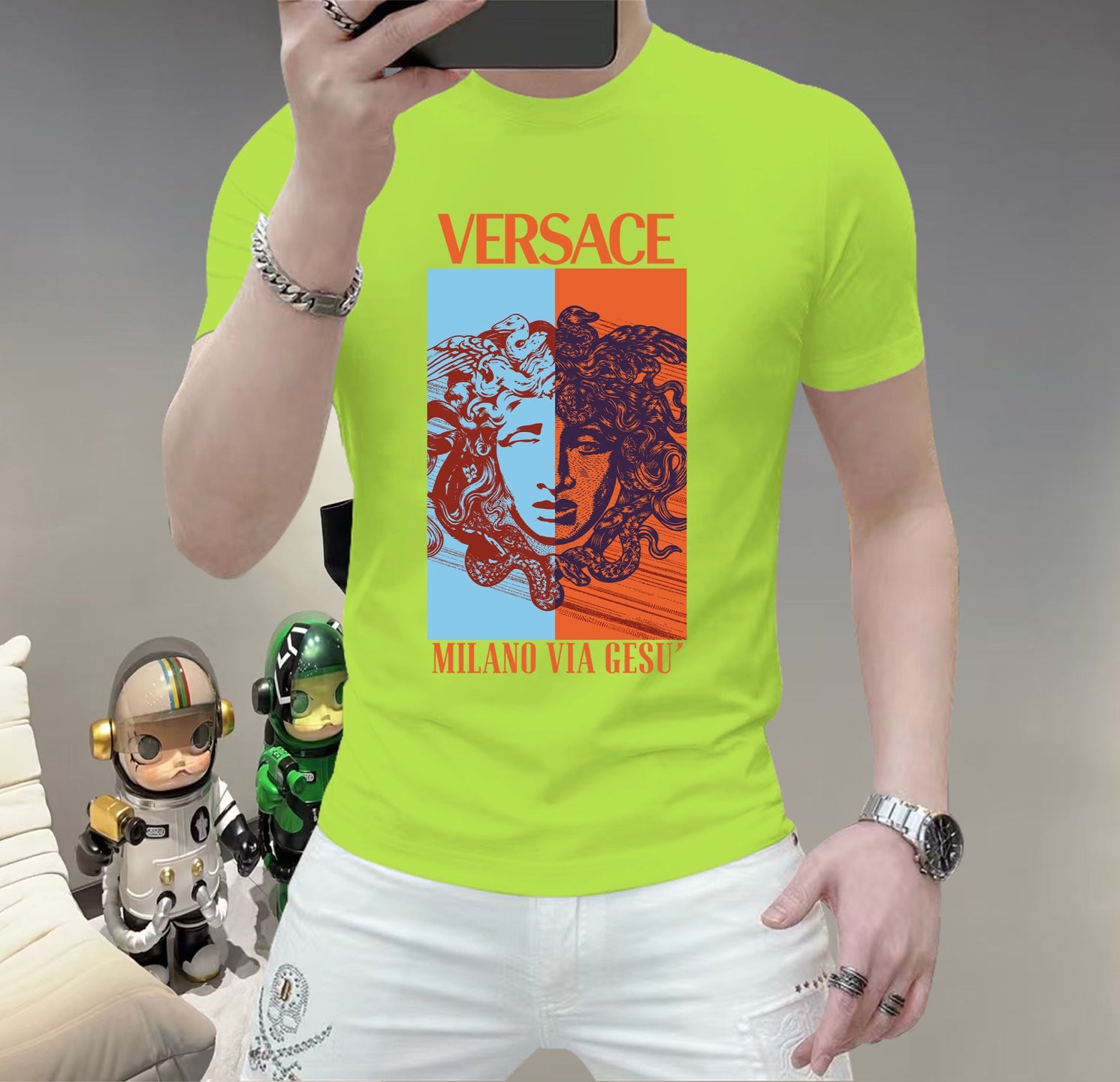 Men's Versace face graphic T-shirt, neon green, short sleeves