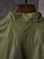 Olive Prada button-up shirt back yoke with triangular logo panel