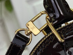 Louis Vuitton bag hardware detail: gold clasp with ring and dark glossy top handle.