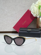 Black sunglasses with gold-tone rims and dark tinted lenses