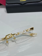 Clear eyeglasses with gold frame and temple accents, front close-up