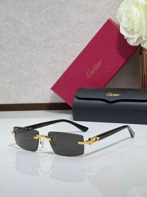 Cartier eyeglasses with dark rectangular frames, gold-tone hinges, and temple tips